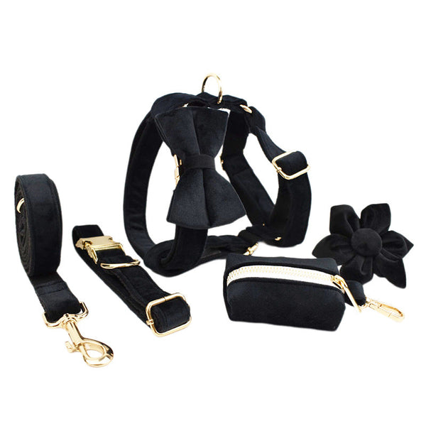 HKM-3786301 Soft Velvet Dog Collar with Accessories - Includes Dog Rope, Bow, Flower, Vest, and Poop Bag