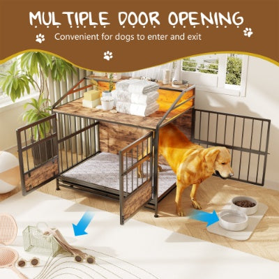 HKM-3788477 Stylish Multi-Function Dog Crate with Storage, Wooden Kennel for Large & Medium Dogs, Brown