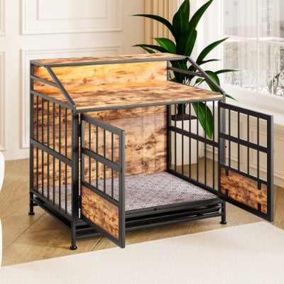 HKM-3788477 Stylish Multi-Function Dog Crate with Storage, Wooden Kennel for Large & Medium Dogs, Brown