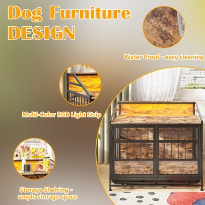 HKM-3788477 Stylish Multi-Function Dog Crate with Storage, Wooden Kennel for Large & Medium Dogs, Brown