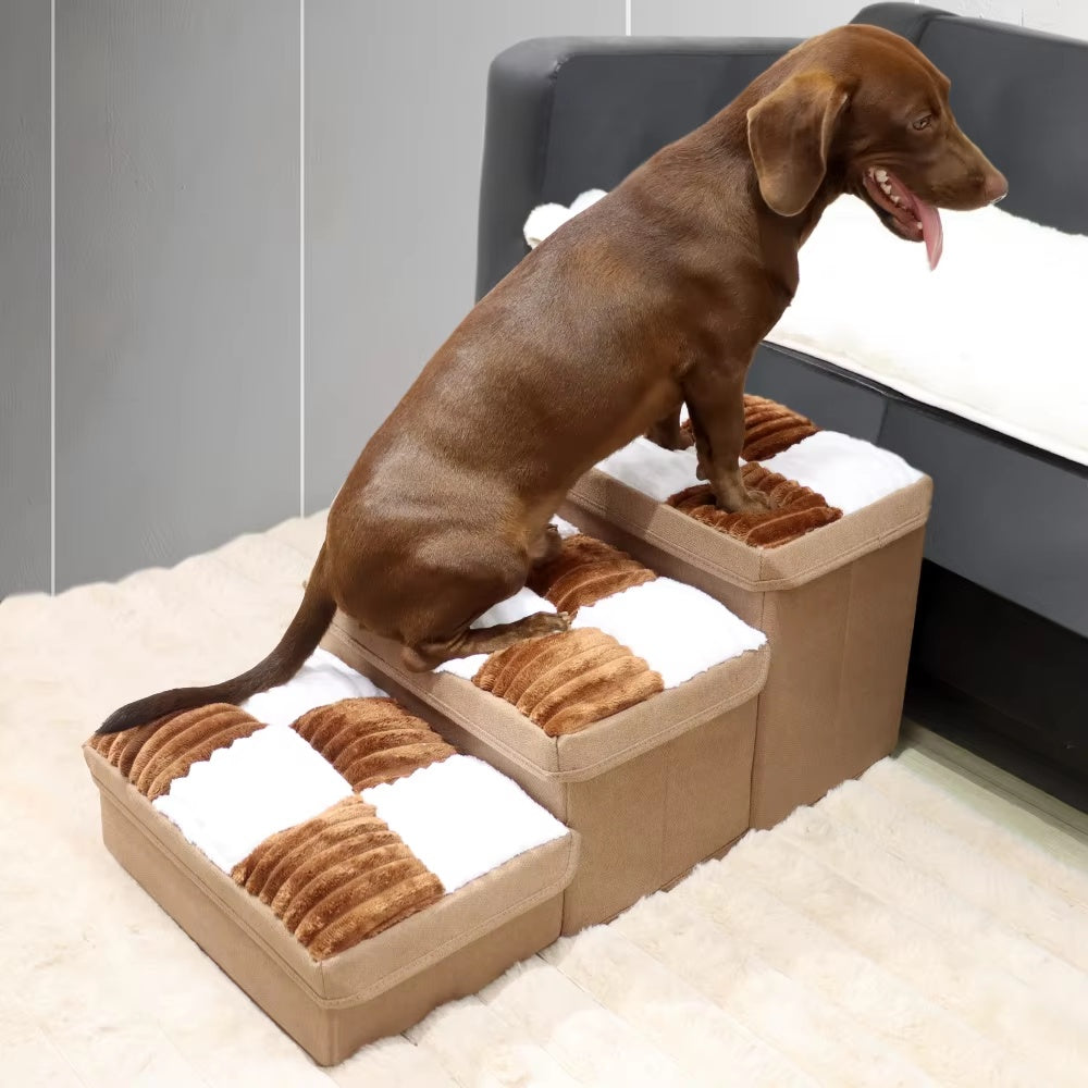 HKM-3795645 Handmade Dog Stairs with Storage Space and Grid Pattern Design