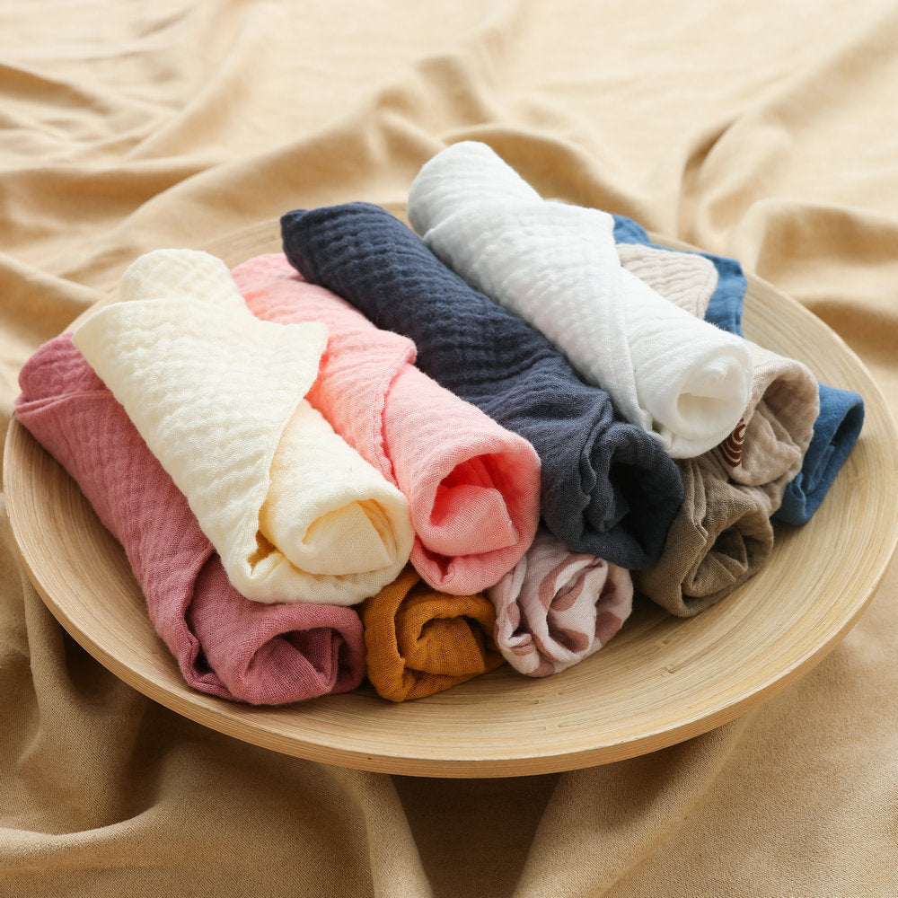 HKM-379923 Crepe Baby Gauze Saliva Towel Set - 5PCs in White, Yellow, Rainbow