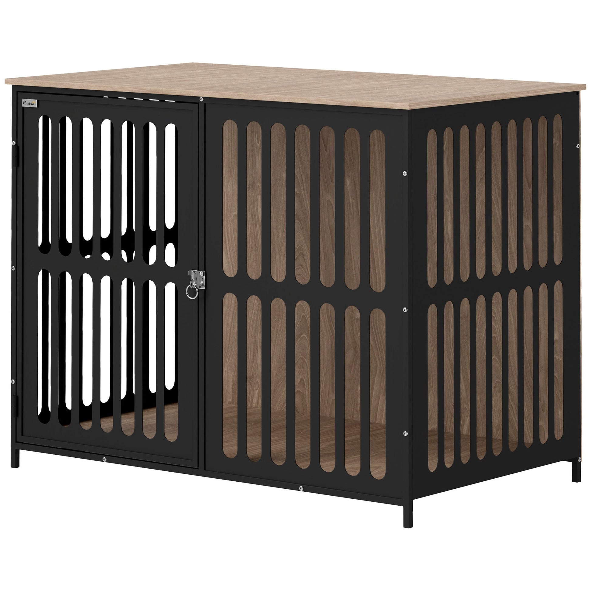 HKM-3799997 Walnut Brown Large Dog Crate Furniture with Anti-Chew Mesh and Secure Single Door