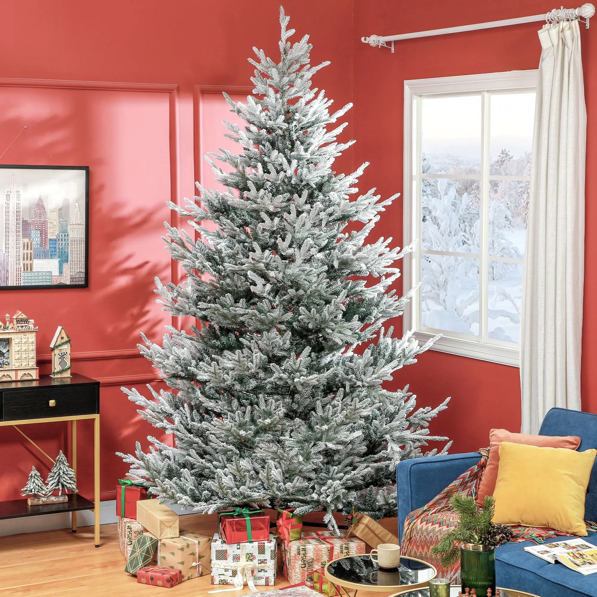 HKM-380115 9 FT Flocked Hinged Christmas Tree with 1939 Tips and Auto Open Green Steel Base