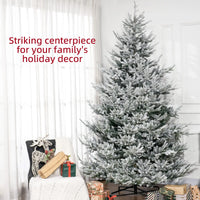 HKM-380115 9 FT Flocked Hinged Christmas Tree with 1939 Tips and Auto Open Green Steel Base