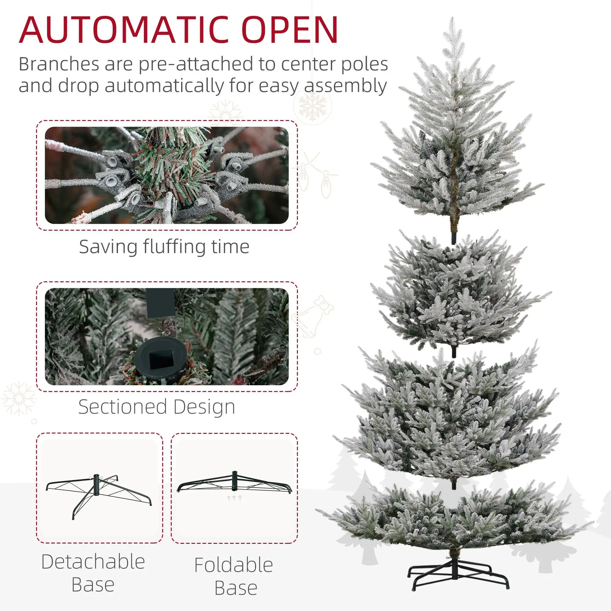 HKM-380115 9 FT Flocked Hinged Christmas Tree with 1939 Tips and Auto Open Green Steel Base
