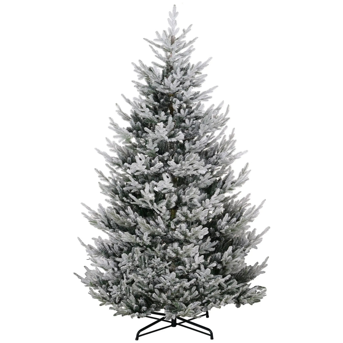 HKM-380115 9 FT Flocked Hinged Christmas Tree with 1939 Tips and Auto Open Green Steel Base
