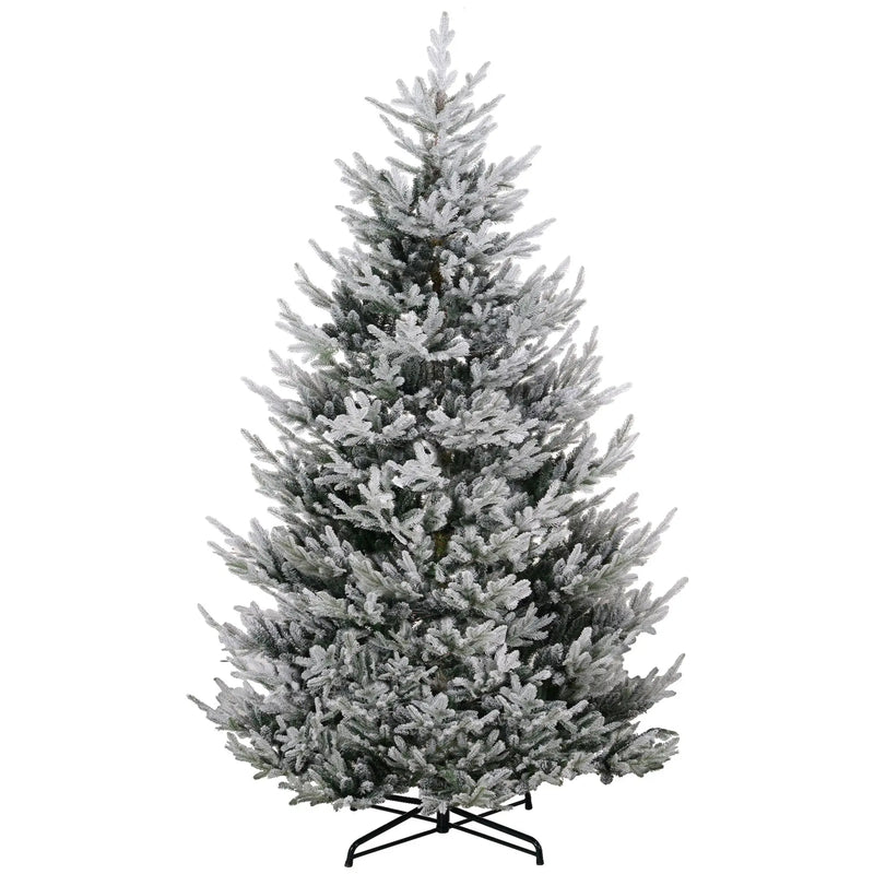 HKM-380115 9 FT Flocked Hinged Christmas Tree with 1939 Tips and Auto Open Green Steel Base