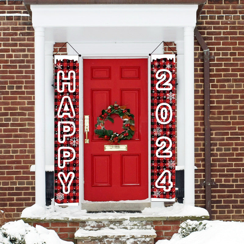 HKM-380115 New Year Festival Decorative Flag Banners - Happy 2024, 30x180cm, Spring Buds Material
