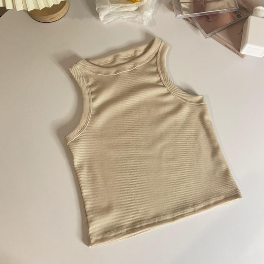 HKM-3801917 Cropped Slim Fit Sleeveless Tank Top for Women in Apricot, Dark Blue, White, and Black