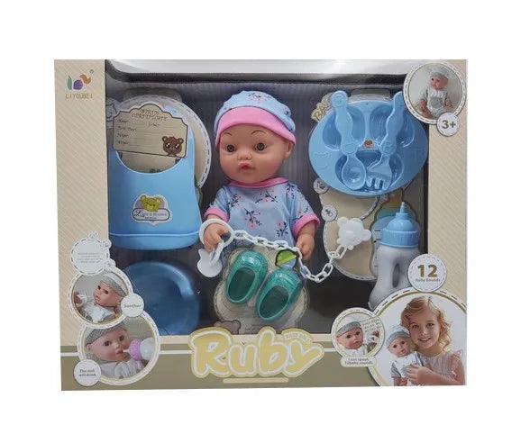 HKM-380307 12-Inch Soft Silicone Baby Doll with Diaper, Bottle, and Accessories for Ages 2-7