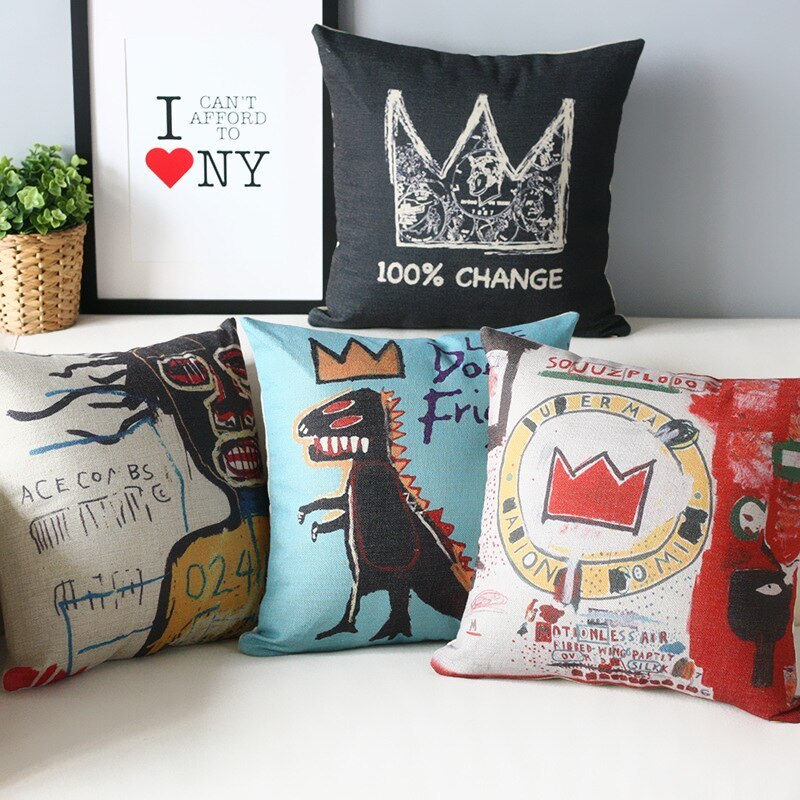 HKM-380883 American Doodle Thick Cotton and Linen Cushion Cover - 45x45CM Handmade Pillowcase