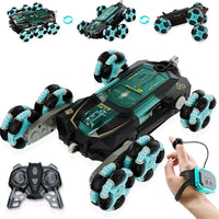 HKM-381075 6-Wheel Swing Arm RC Stunt Car with Music and Spray - Dual Remote Control for Indoor and Outdoor Fun