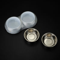 HKM-3812029 Rhinestone-Embellished Stainless Steel Double Dog Bowl - Silver 28x15.5x5cm