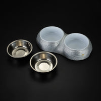 HKM-3812029 Rhinestone-Embellished Stainless Steel Double Dog Bowl - Silver 28x15.5x5cm