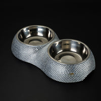 HKM-3812029 Rhinestone-Embellished Stainless Steel Double Dog Bowl - Silver 28x15.5x5cm