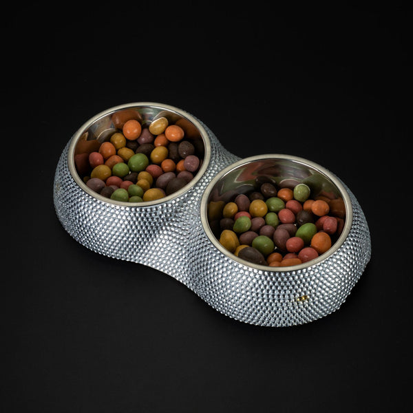 HKM-3812029 Rhinestone-Embellished Stainless Steel Double Dog Bowl - Silver 28x15.5x5cm