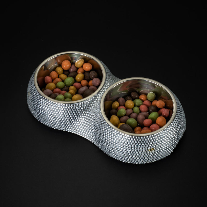HKM-3812029 Rhinestone-Embellished Stainless Steel Double Dog Bowl - Silver 28x15.5x5cm