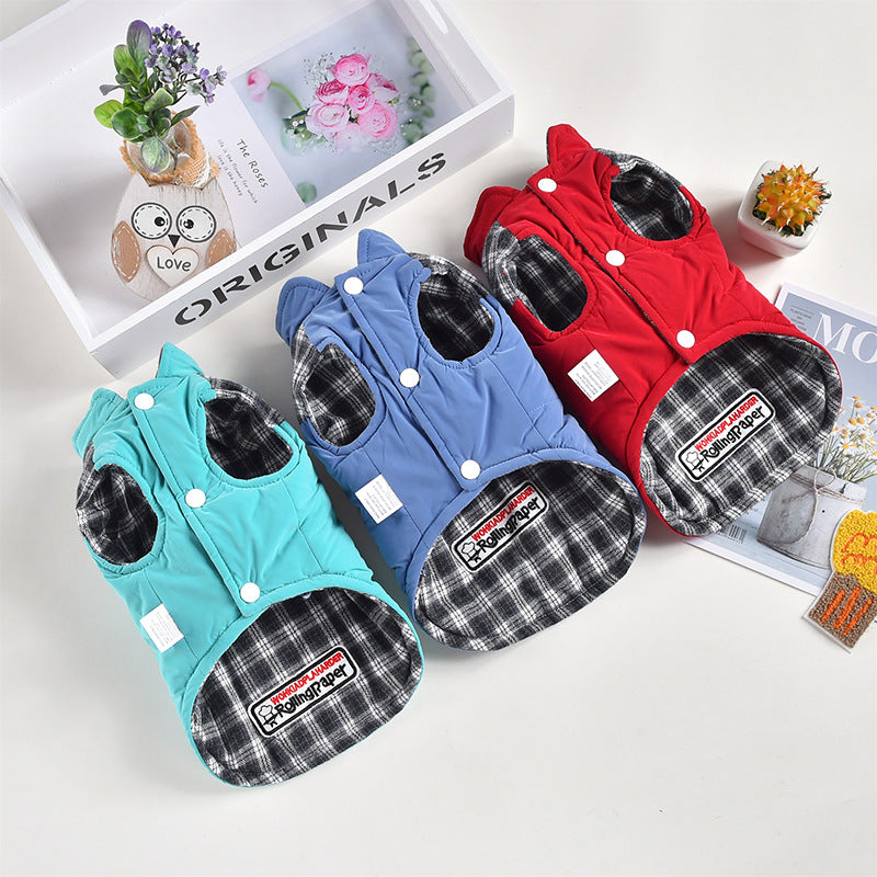 HKM-3812413 Teddy Pet Plaid Vest Jacket for Autumn and Winter - Comfortable Pressed Cotton in Blue, Red, and Green Sizes XS to 8L