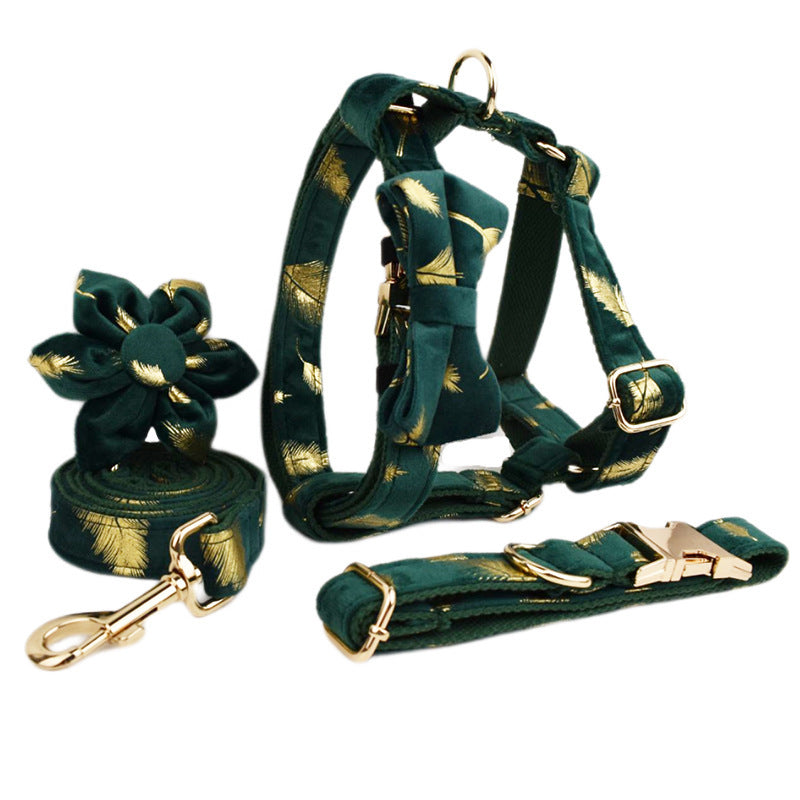 HKM-381651 Stylish Velvet Pet Collar with Dog Rope, Bow Knot, Flower, Vest, and Poop Bag