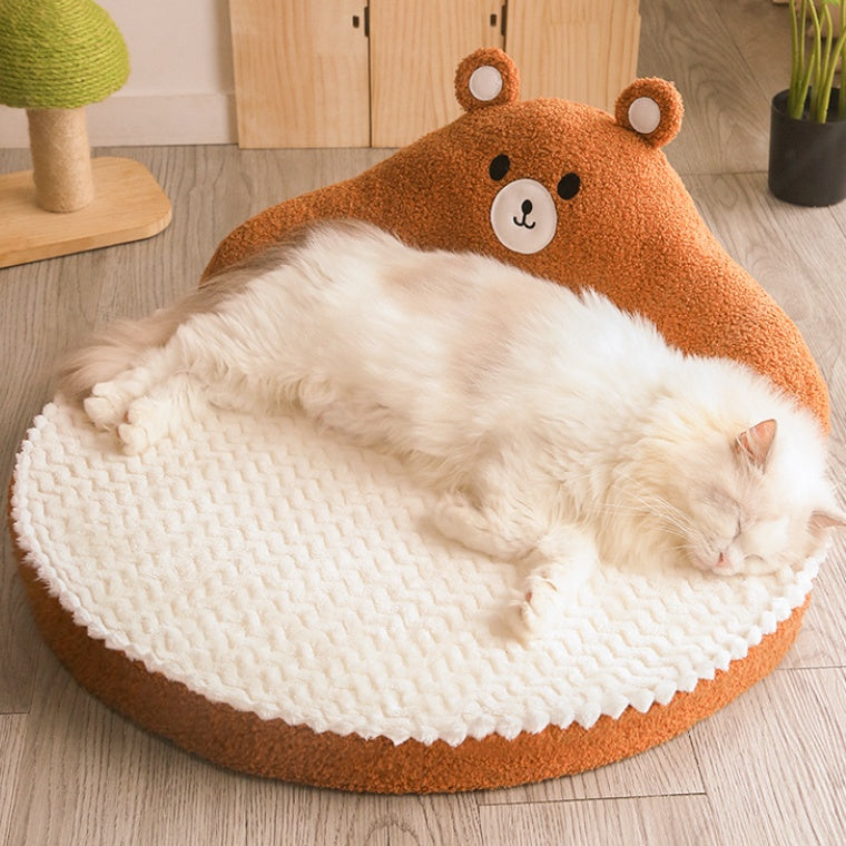 HKM-3821629 Cozy Flannel and Fleece Cat Nest Bed Mat for Pets - Dinosaur & Bear Styles, 53x53x23cm, for Cats up to 7.5kg