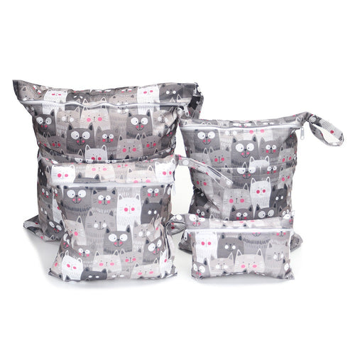 HKM-382483 Cartoon Print Four-Piece Waterproof Diaper Bag Set with Zipper Compartments