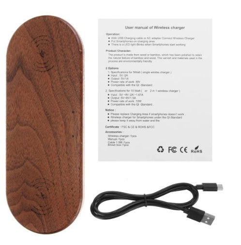 HKM-382675 Wooden Wireless Charger - Direct Charge 10W in Bamboo, Beech, and Walnut Finishes