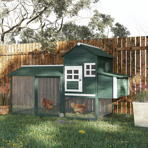 HKM-3827005 84" Wooden Chicken Coop with Run and Nesting Box, Green Fir Construction for 2-3 Chickens