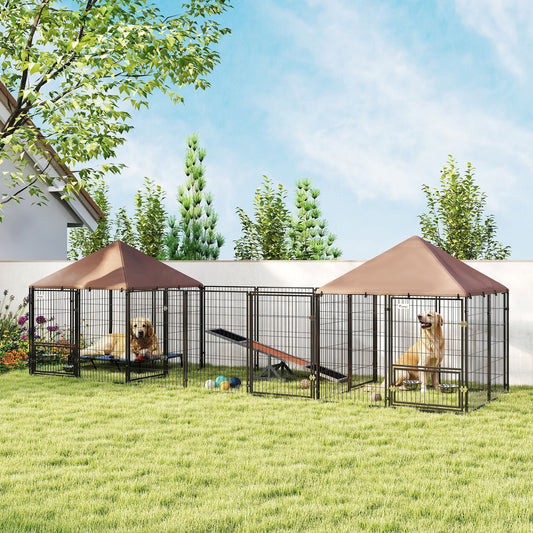 HKM-3832765 Spacious Outdoor Dog Kennel with Dual Rooms, Adjustable Bowl Rack, and Waterproof Canopy