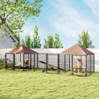 HKM-3832765 Spacious Outdoor Dog Kennel with Dual Rooms, Adjustable Bowl Rack, and Waterproof Canopy