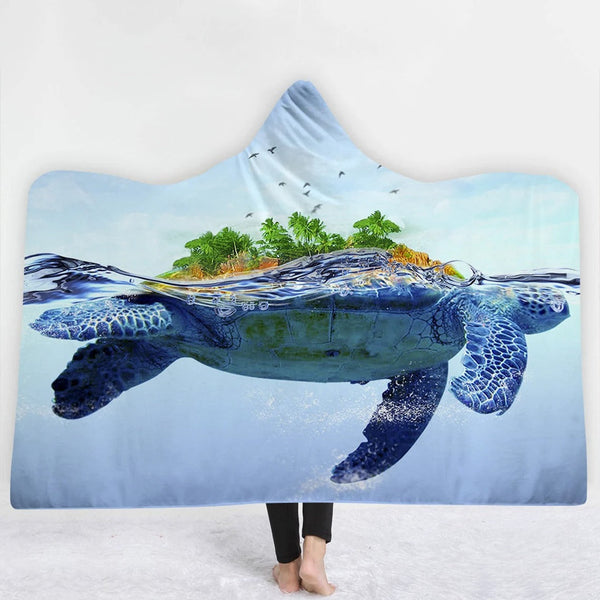 HKM-383379 Ocean Turtle Series Hooded Blanket Cape - Winter Warmth in Soft Polyester and Plush, 150x200 cm