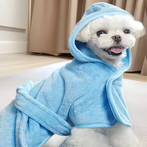 HKM-3835709 Soft and Thick Coral Fleece Dog Bath Towel - Wearable Bathrobe in Blue, Yellow, Pink, or White