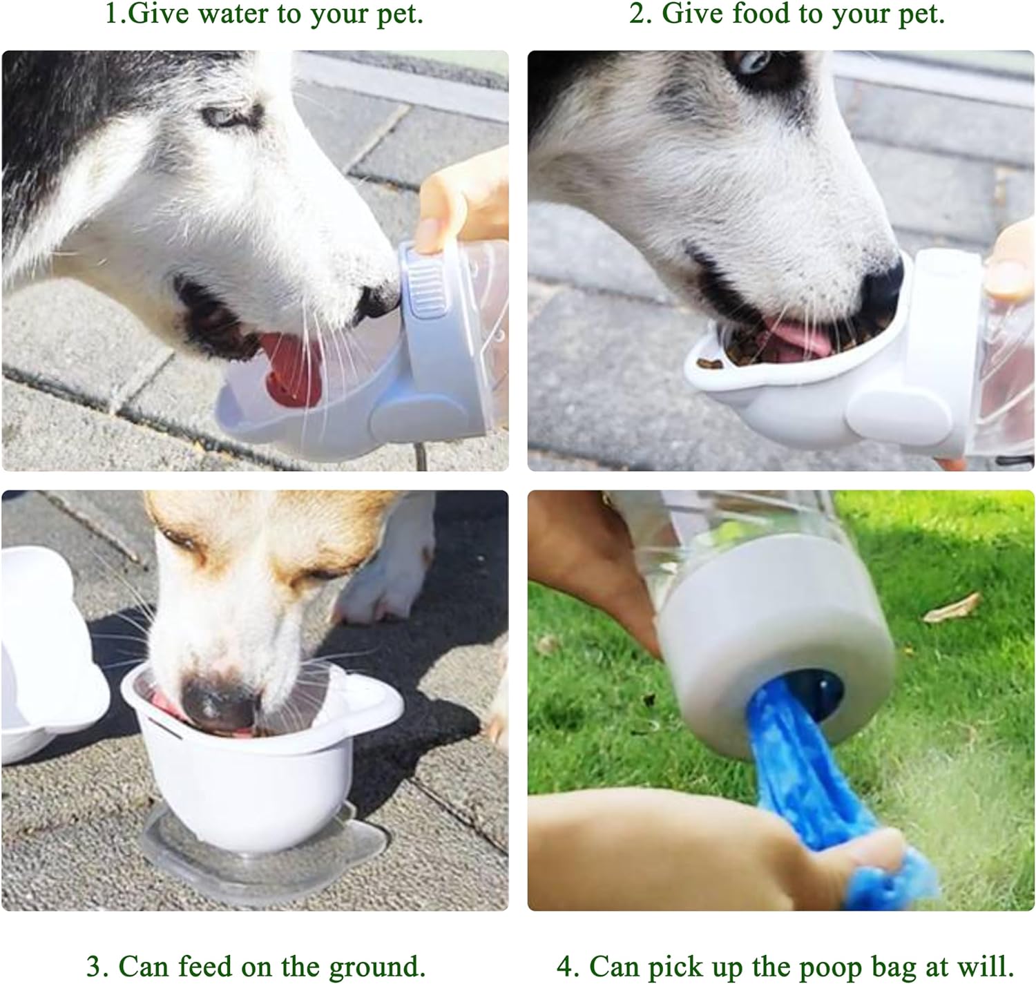 HKM-3836349 3-in-1 Portable Pet Water Bottle with Food Container and Waste Bag Dispenser for Dogs and Cats