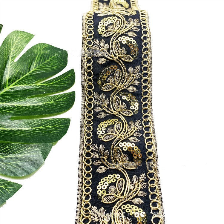 HKM-383635 Gold Thread Polyester Embroidery Ribbon - Bohemian Style Crafting Supplies