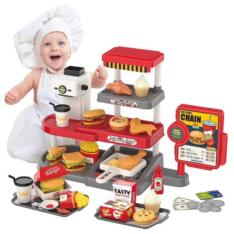 HKM-383635 Mini Simulation Hamburger and Coffee Machine Play Set with 71PCS Kitchen Toys for Kids