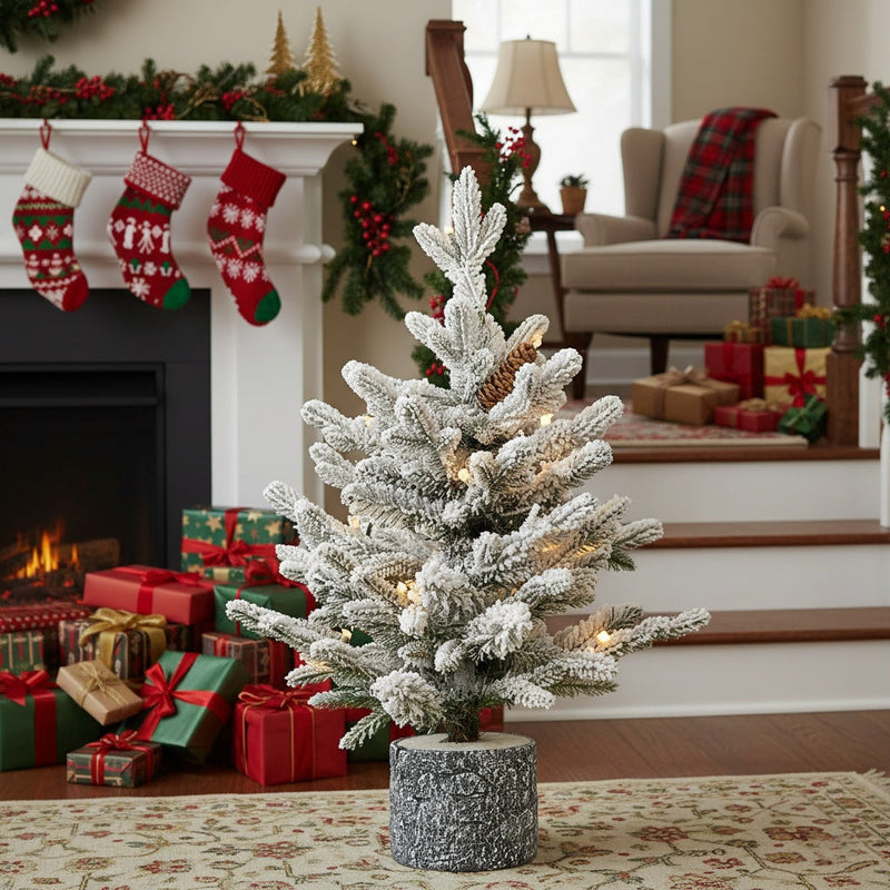HKM-383763 2FT Flocked Christmas Tree with 30 Warm White LED Lights and Natural Pine Cones in Decorative Pot Base