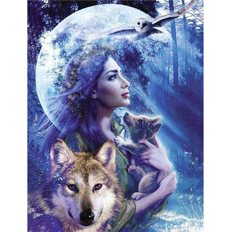 HKM-383955 Moonlit Beauty and the Wolf Diamond Painting - 20x30 Canvas Art for Home or Office Decor