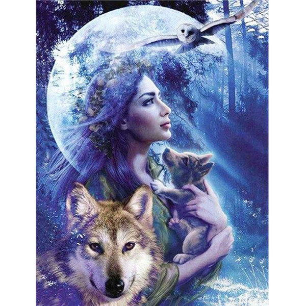 HKM-383955 Moonlit Beauty and the Wolf Diamond Painting - 20x30 Canvas Art for Home or Office Decor