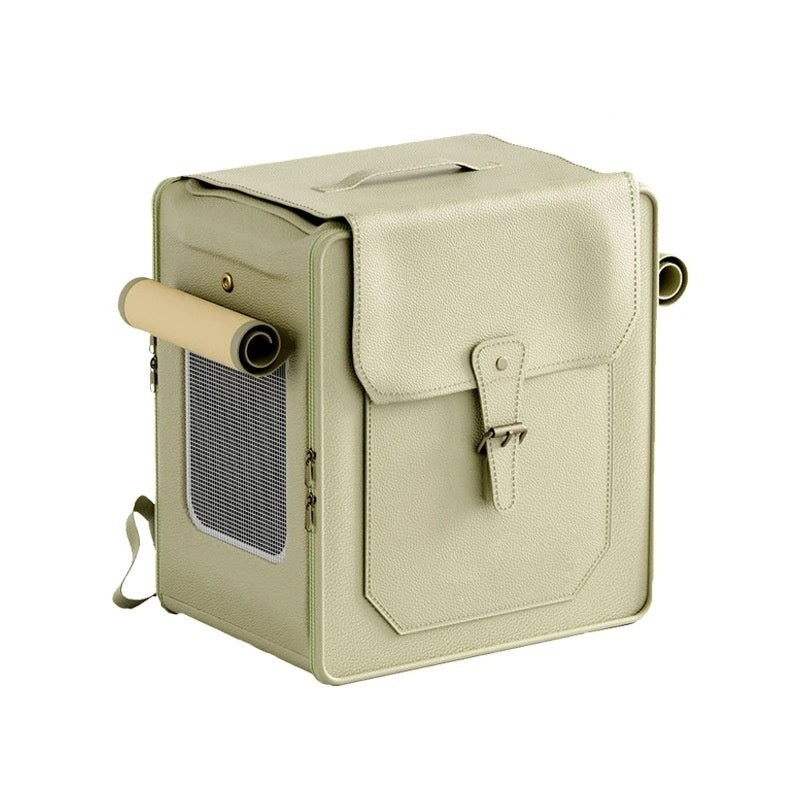 HKM-3846845 Foldable Large Capacity Cat Trolley Bag - Breathable PU Pet Carrier in Milky White & Army Green