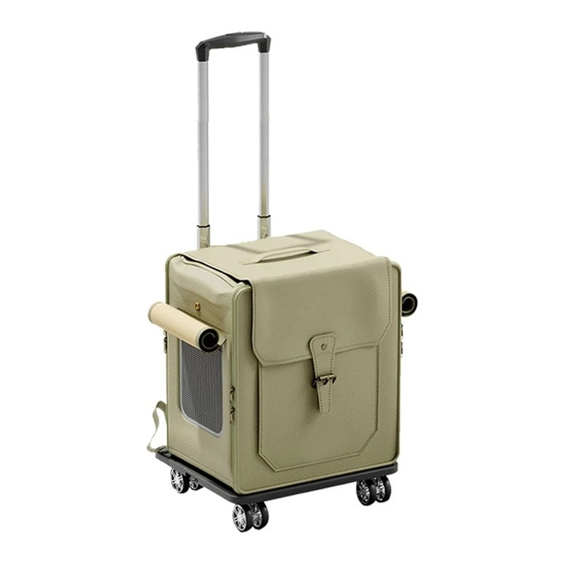 HKM-3846845 Foldable Large Capacity Cat Trolley Bag - Breathable PU Pet Carrier in Milky White & Army Green
