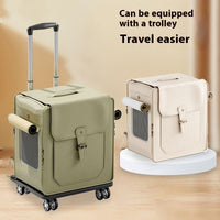 HKM-3846845 Foldable Large Capacity Cat Trolley Bag - Breathable PU Pet Carrier in Milky White & Army Green