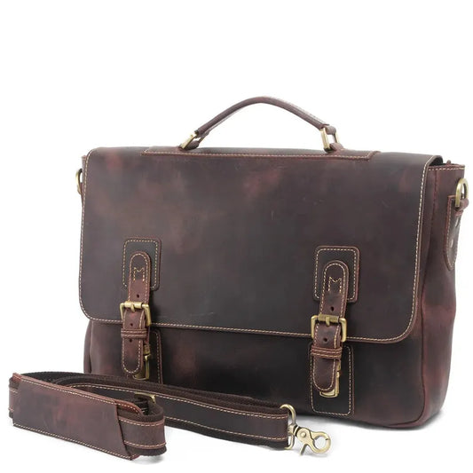 HKM-385171 Genuine Leather Business Shoulder Briefcase for Men - Retro Design, Canvas and Cowhide Construction, 40cm x 9cm x 25cm