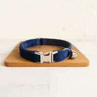 HKM-3852349 Navy Blue Double-Layer Soft Velvet Pet Collar for Cats, Size S and L