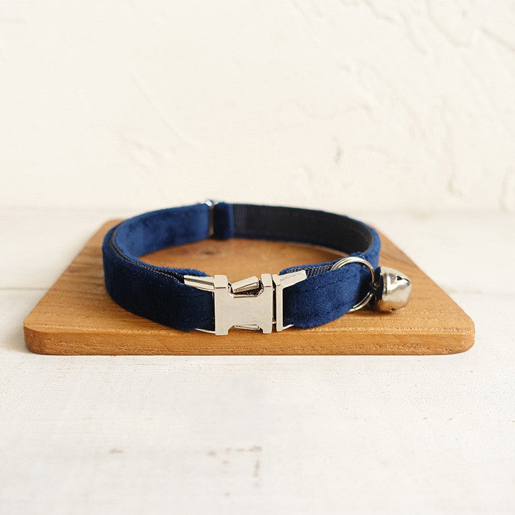 HKM-3852349 Navy Blue Double-Layer Soft Velvet Pet Collar for Cats, Size S and L
