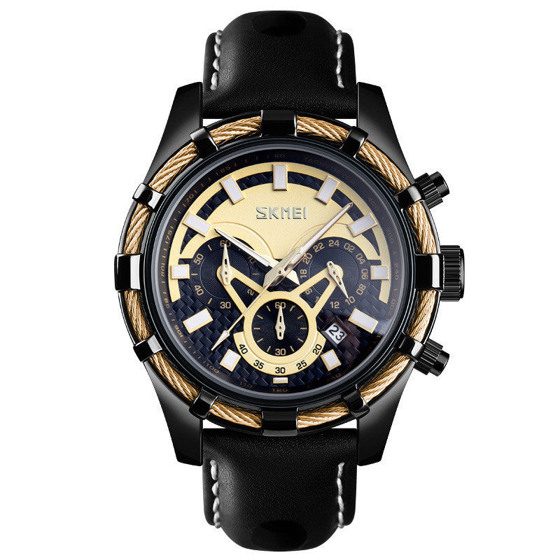 HKM-385619 Men's Multi-Function Luminous Quartz Watch with Genuine Leather Strap