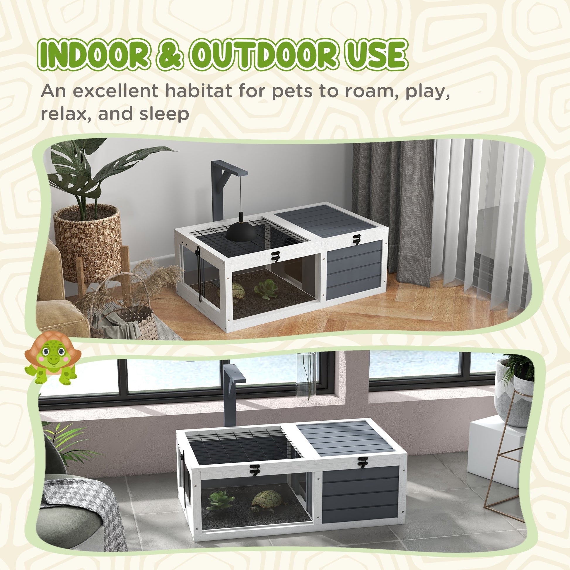 HKM-3859773 Wooden Tortoise Habitat with Lamp Holder and Easy-Clean Design, Gray