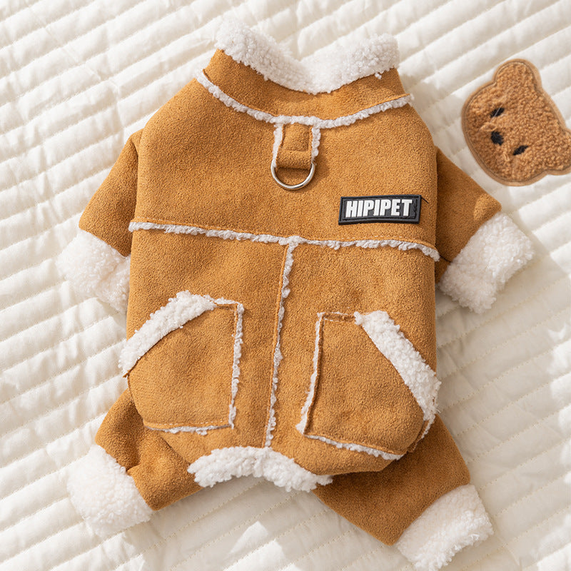 HKM-3860669 Warm Suede Sherpa Lined Pet Jumpsuit with Pockets and Leash Ring for Small Dogs