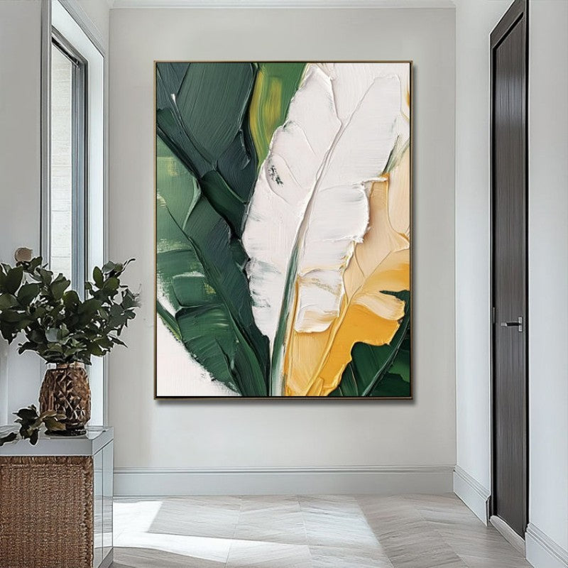 HKM-386195 Hand-Painted Oil Painting Canvas Art of Green Plants and Banana Leaves for Living Room and Bedroom Decor, Unstretched and Frameless