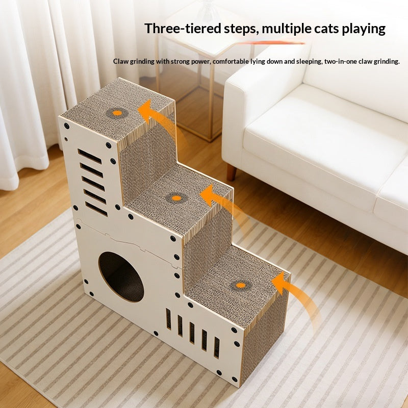 HKM-3862077 Corrugated Cat Scratcher with Minimalist Stair Design and Replacement Core