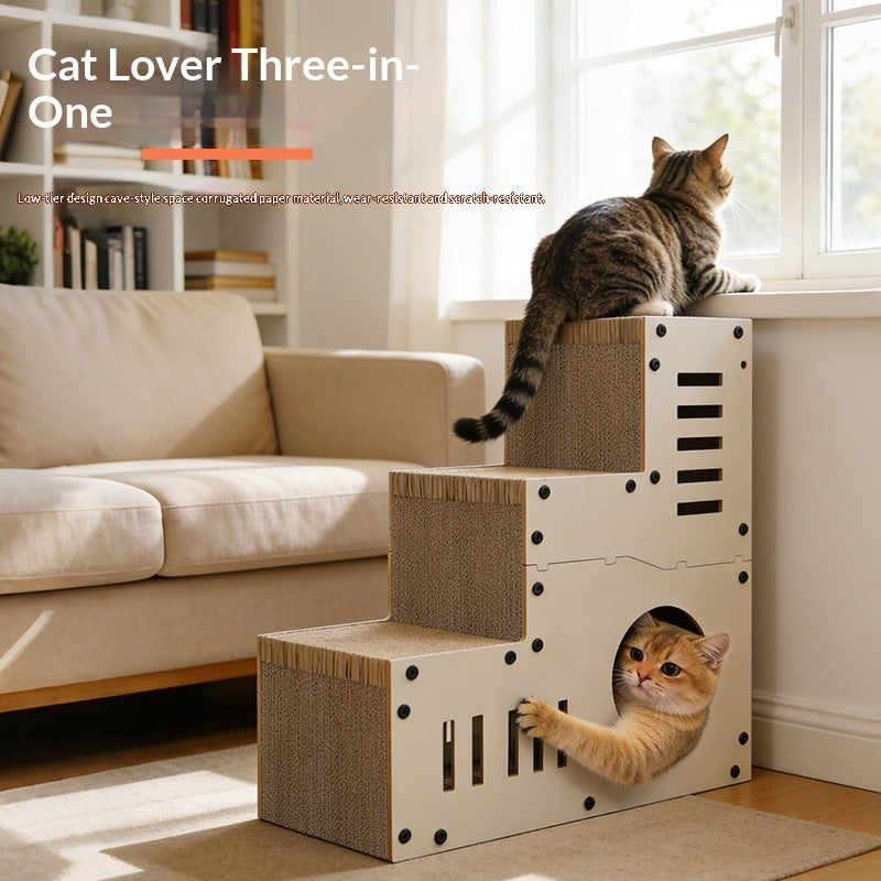 HKM-3862077 Corrugated Cat Scratcher with Minimalist Stair Design and Replacement Core